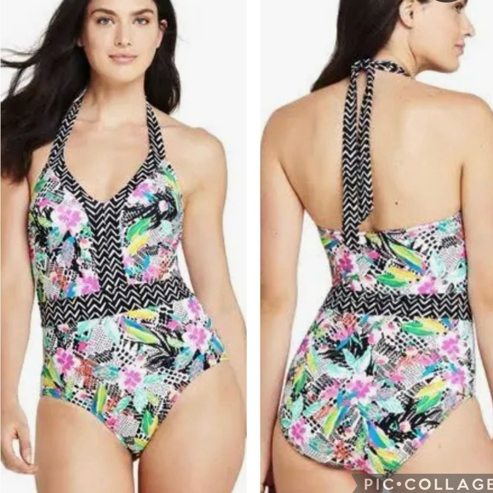 Lands’ End Women's Size 18 Perfect V Swimsuit One-Piece Tropical Floral Halter